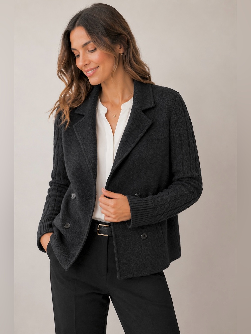 LOFT Wool Sweater Blazer XL Black Double Breasted Old Money Heritage Preppy